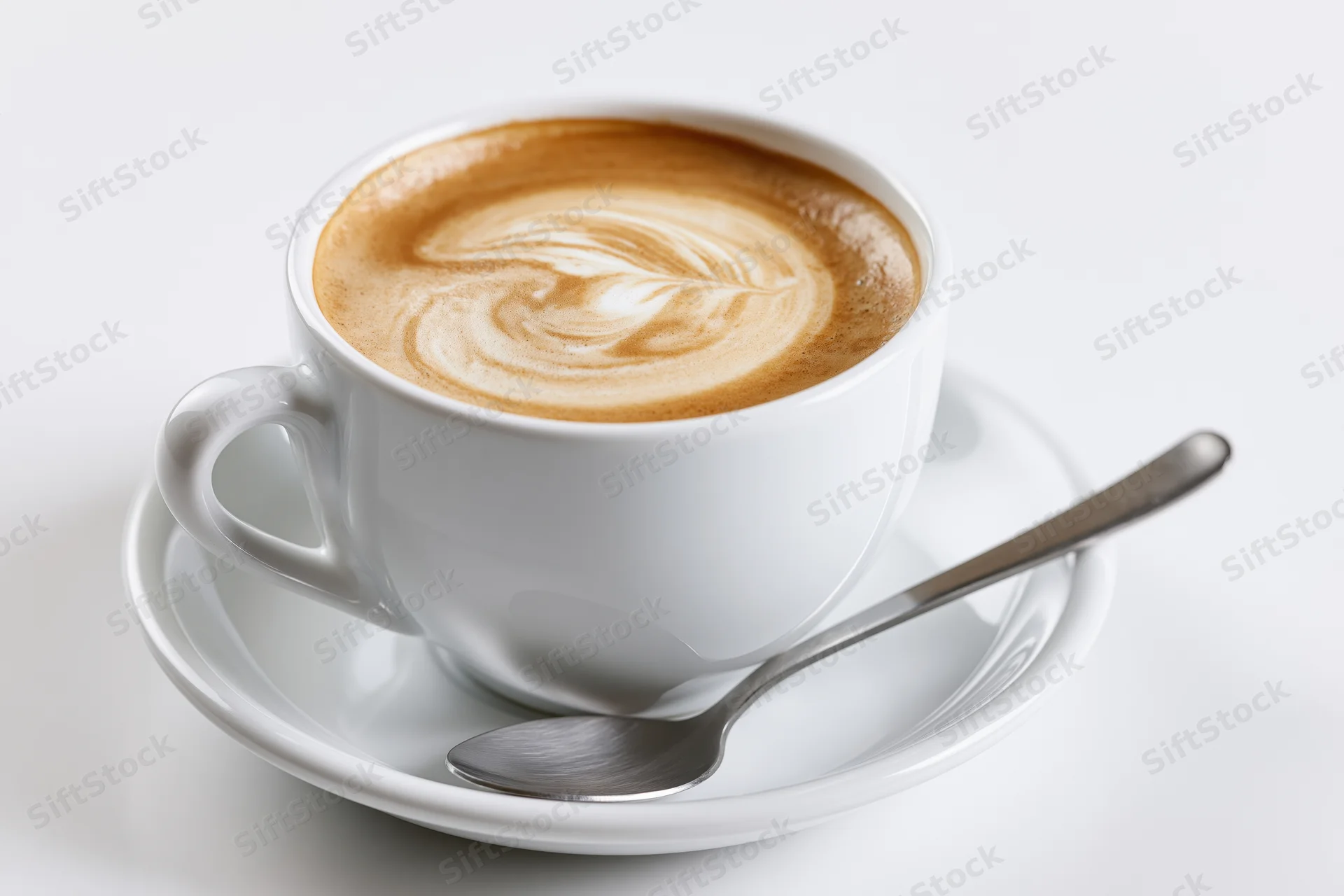 Cappuccino in a white ceramic cup with latte art on a matching saucer and spoon on a white surface