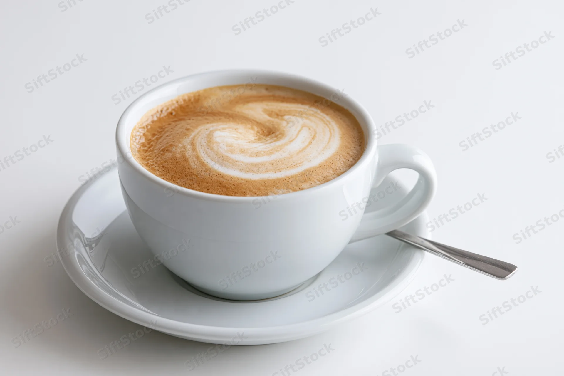 White ceramic cappuccino cup with latte art swirl on matching saucer and spoon, isolated on white background