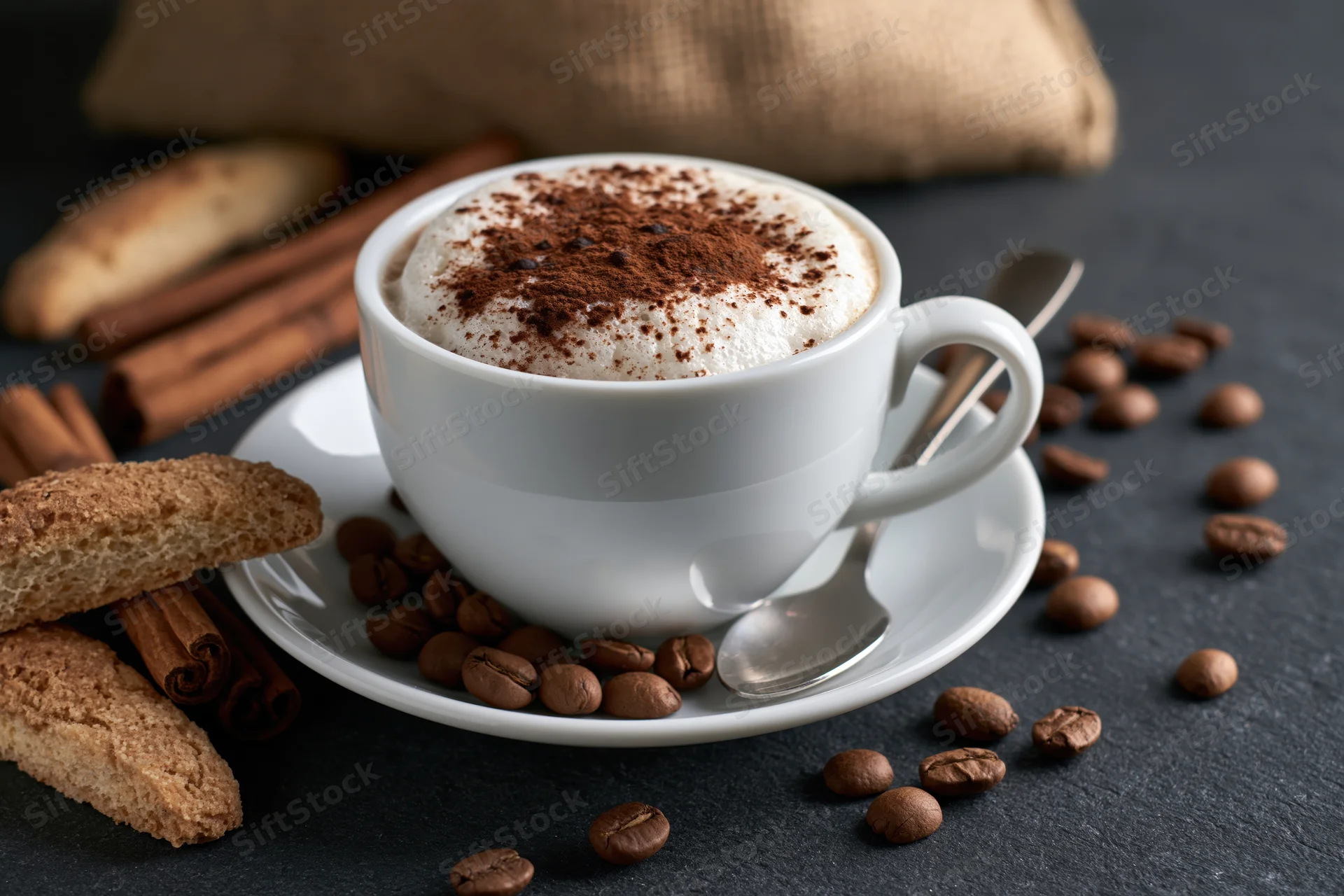White ceramic cappuccino cup with cocoa-dusted foam on saucer surrounded by coffee beans, cinnamon sticks and biscotti on dark surface