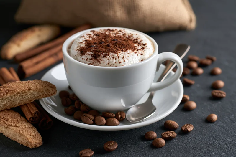 White ceramic cappuccino cup with cocoa-dusted foam on saucer surrounded by coffee beans, cinnamon sticks and biscotti on dark surface