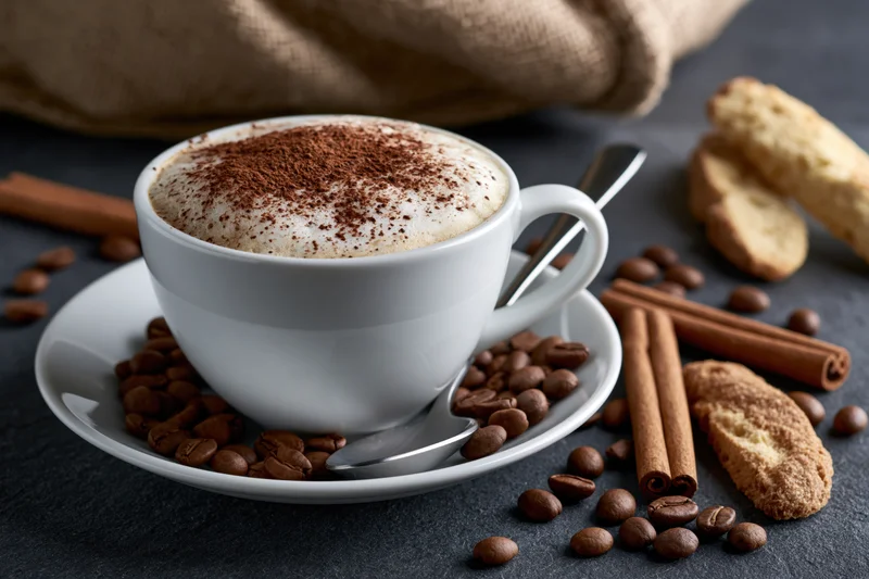 White ceramic cappuccino cup with cocoa-dusted foam on saucer surrounded by coffee beans, cinnamon sticks and biscotti on dark surface