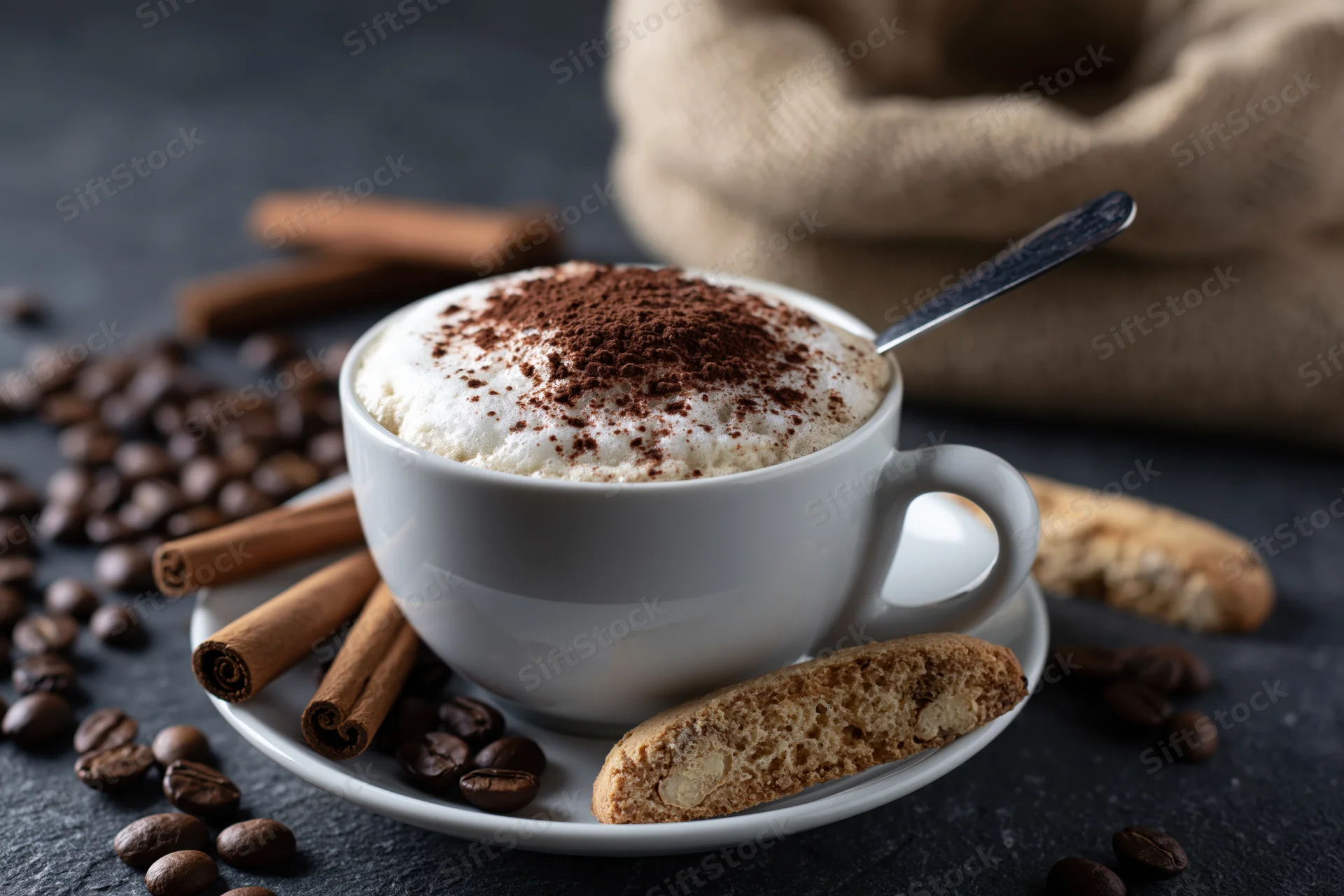 Cappuccino in a white ceramic cup with froth and cocoa dust on a saucer surrounded by biscotti, cinnamon sticks, and coffee beans on a dark surface