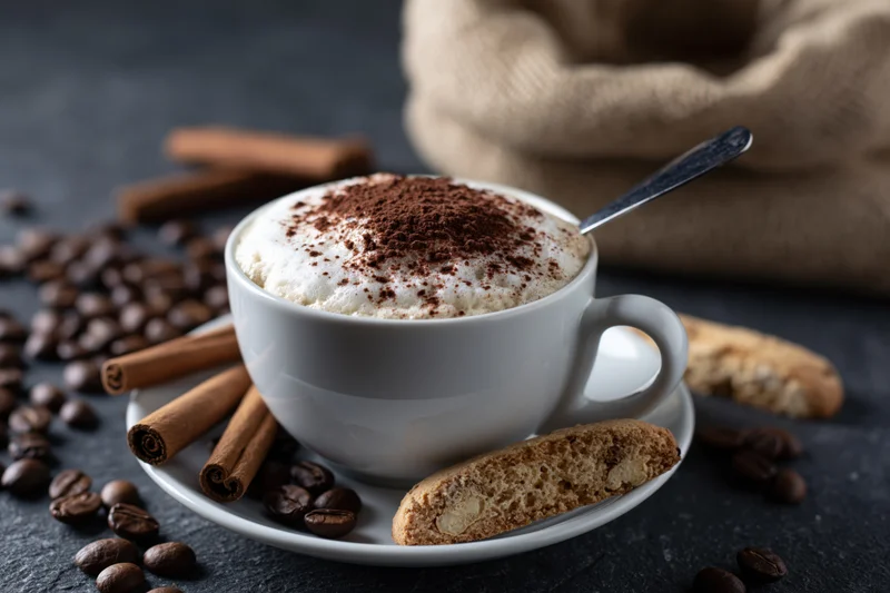 Cappuccino in a white ceramic cup with froth and cocoa dust on a saucer surrounded by biscotti, cinnamon sticks, and coffee beans on a dark surface