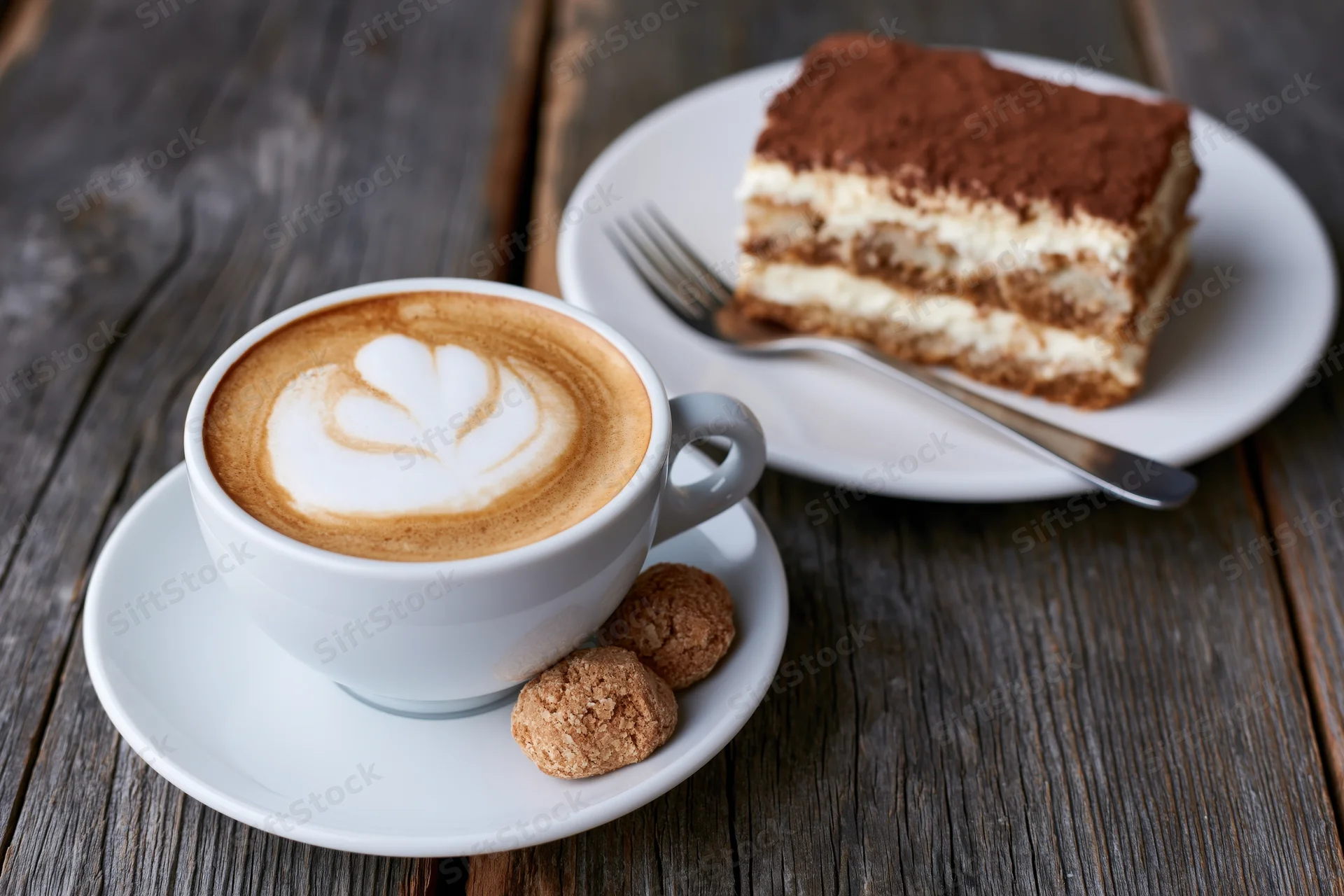 Cappuccino with heart-shaped latte art and a slice of tiramisu on a wooden table