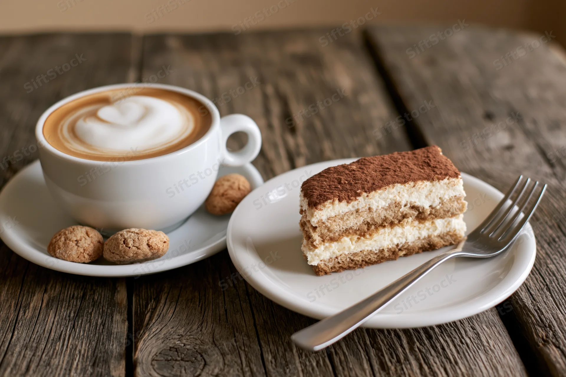 Cappuccino with latte art and a slice of tiramisu on a wooden table