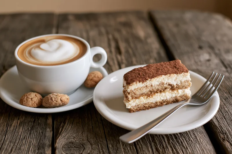 Cappuccino with latte art and a slice of tiramisu on a wooden table