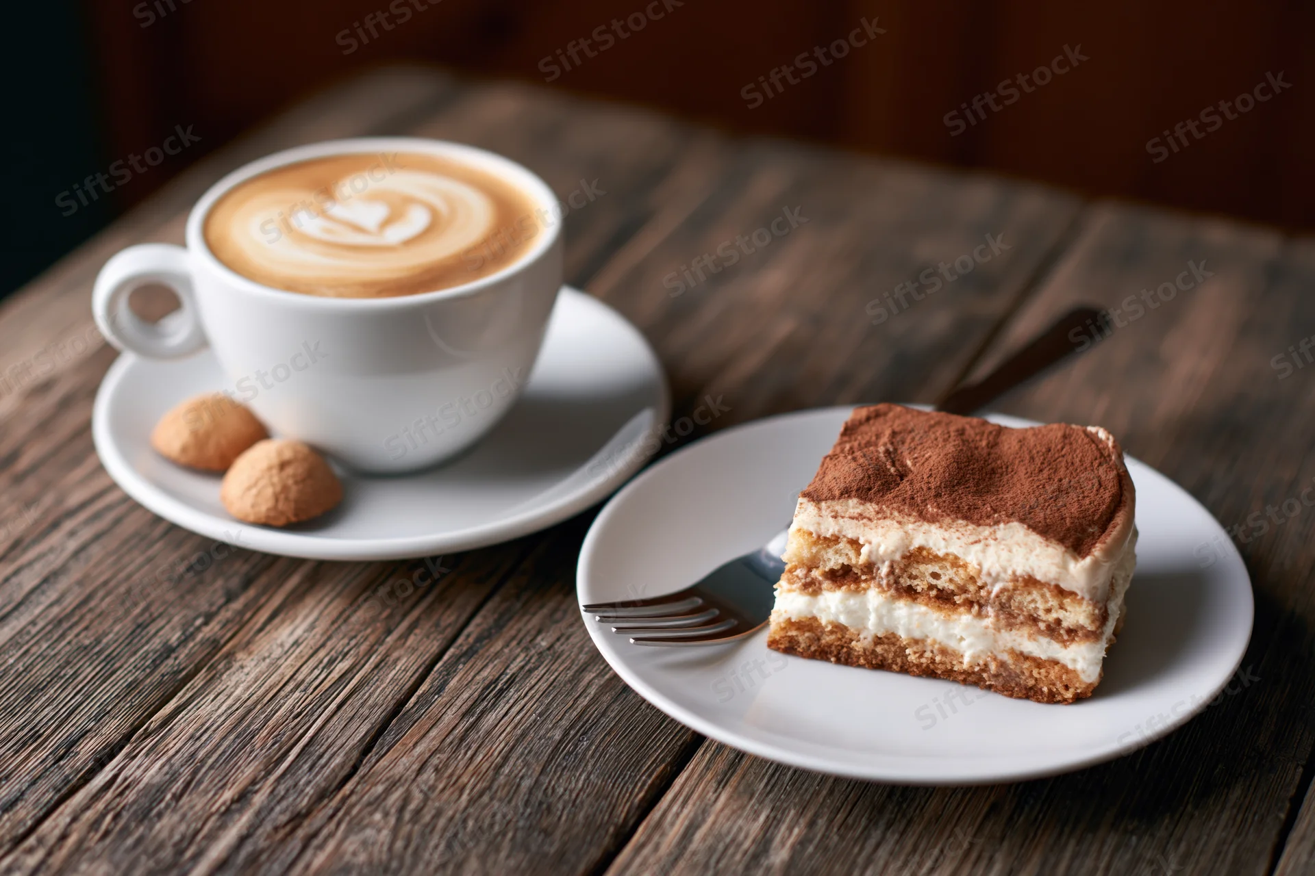 Slice of tiramisu on a white plate with a fork beside a white ceramic cappuccino cup with latte art on a wooden table