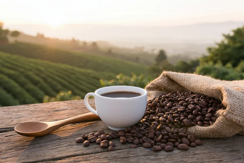 Coffee cup with beans and wooden spoon on rustic table overlooking coffee plantation at sunrise