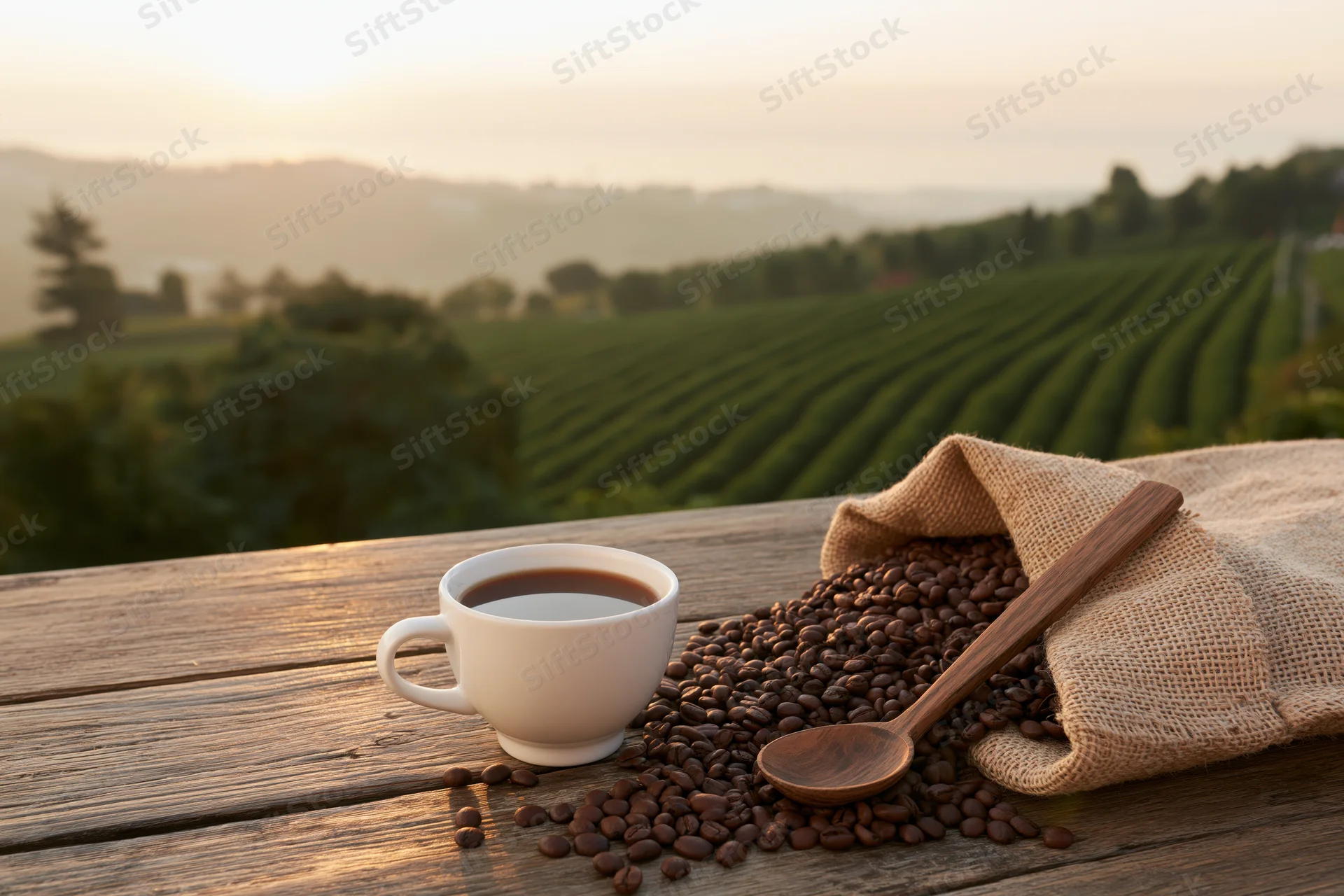 Coffee cup with beans and wooden spoon on wooden table overlooking coffee farm at sunrise