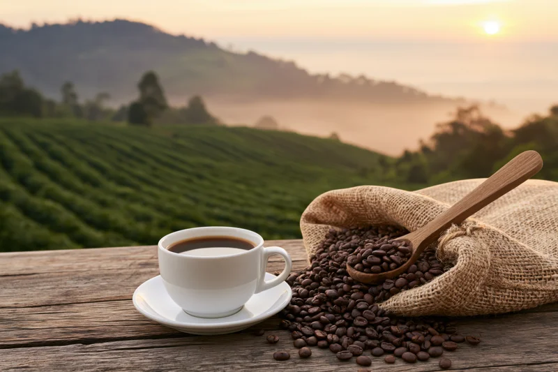 Coffee cup with beans and wooden spoon on wooden table overlooking coffee farm at sunrise