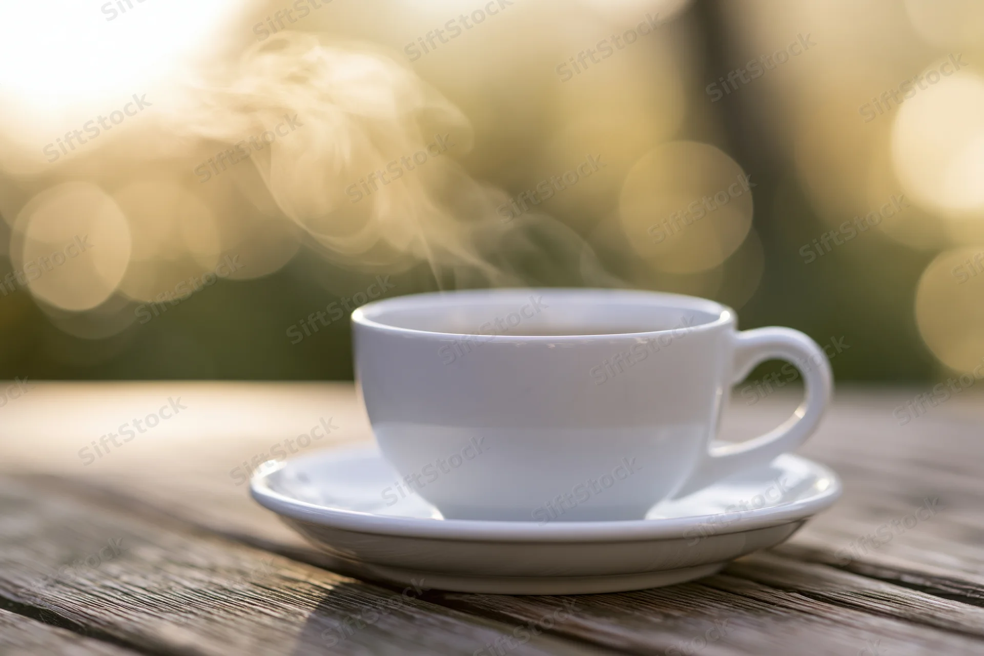 Steaming white ceramic coffee cup on saucer resting on weathered wooden table outdoors
