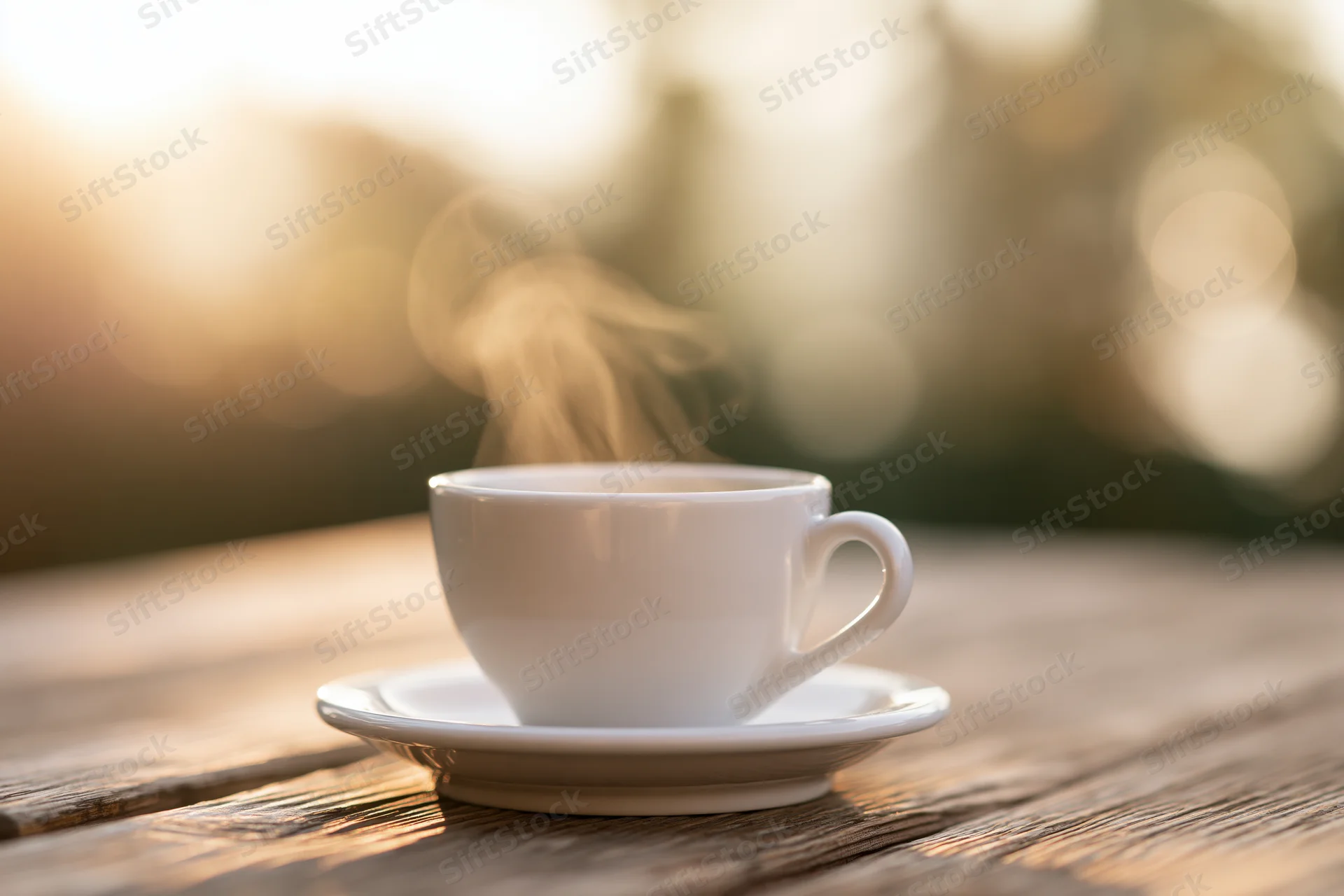 Steaming white ceramic coffee cup on saucer resting on weathered wooden table outdoors in morning light