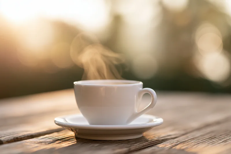 Steaming white ceramic coffee cup on saucer resting on weathered wooden table outdoors in morning light