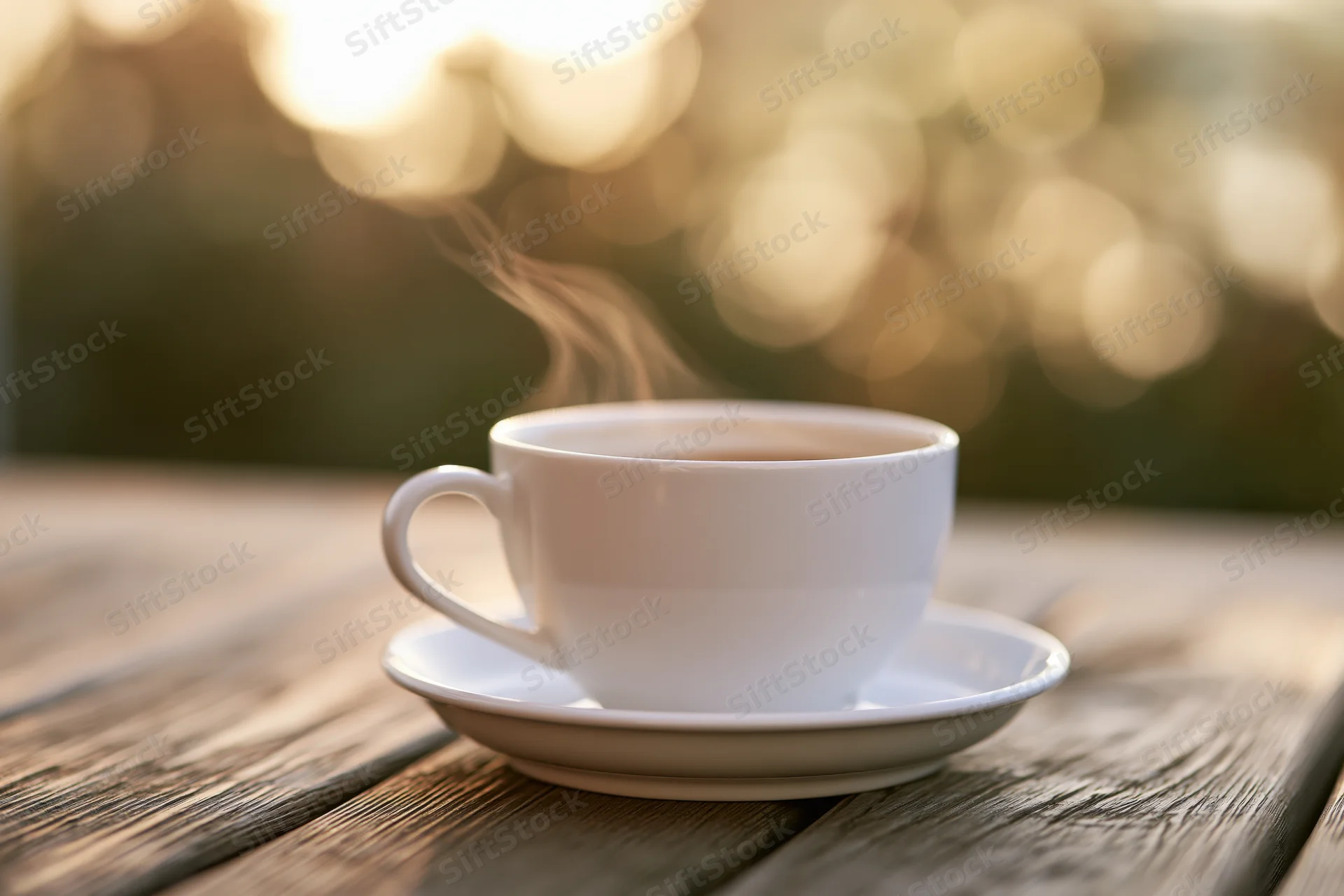 White ceramic coffee cup with steam on saucer resting on weathered wooden table outdoors
