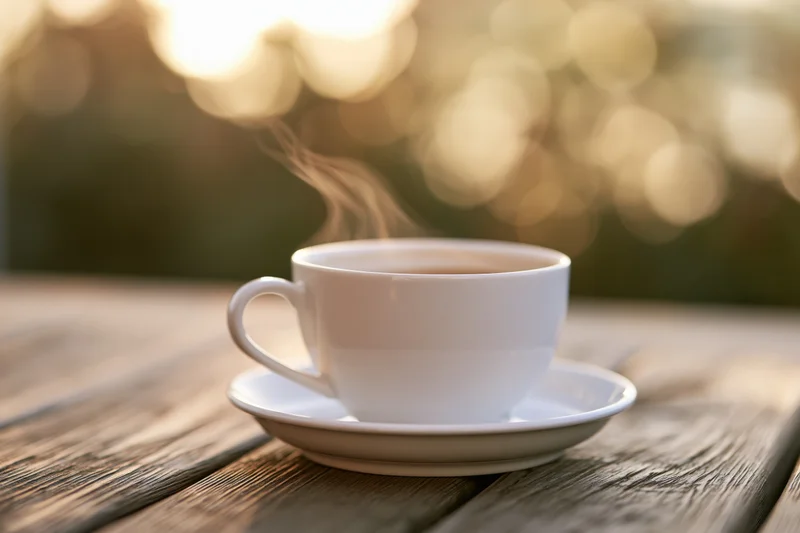 White ceramic coffee cup with steam on saucer resting on weathered wooden table outdoors