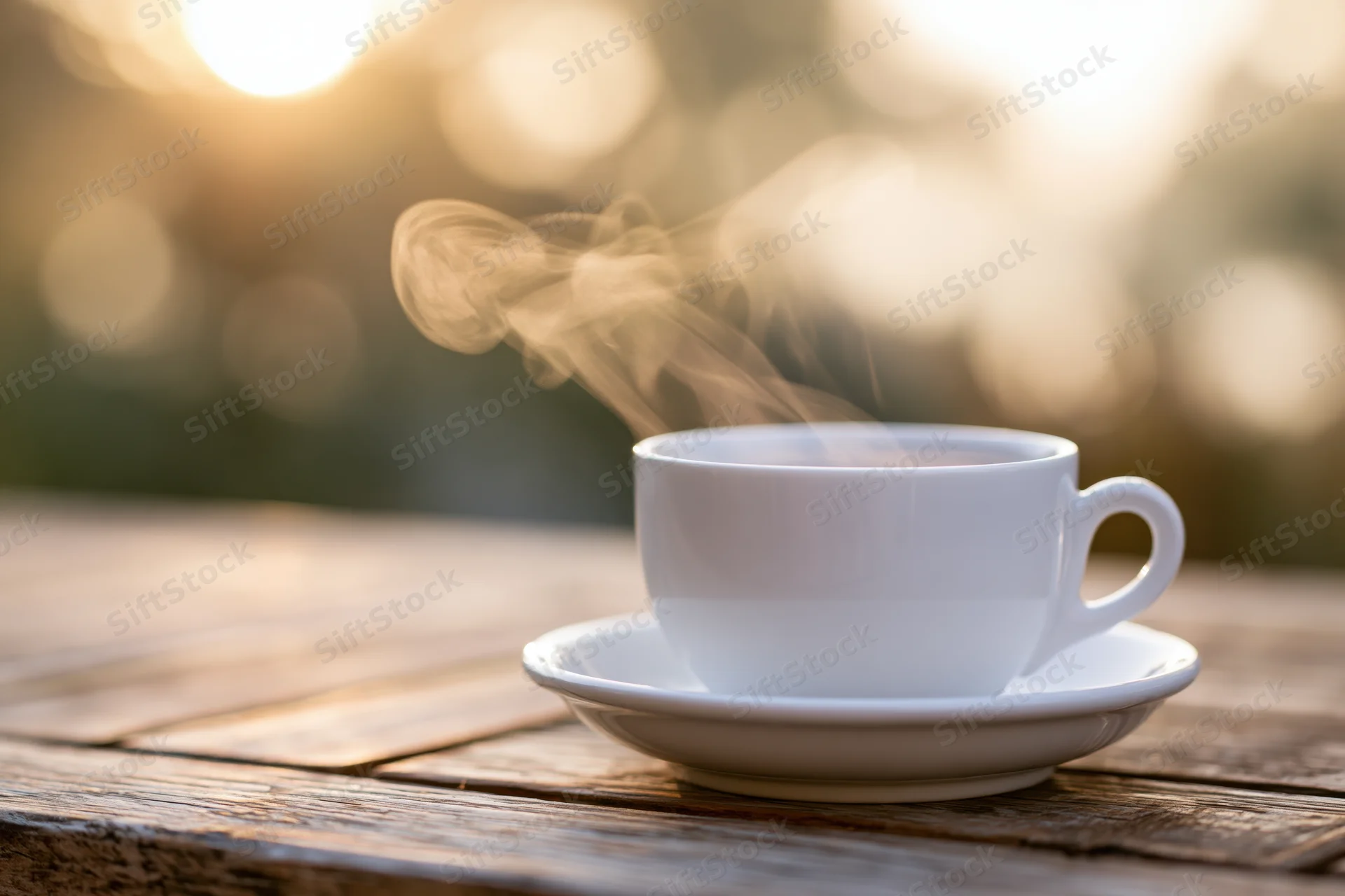 Steaming white ceramic coffee cup on saucer resting on weathered wooden table outdoors at sunrise