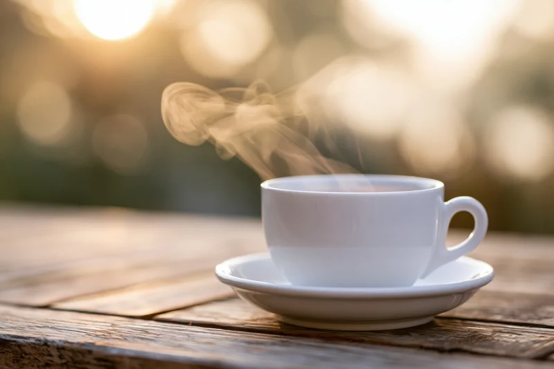 Steaming white ceramic coffee cup on saucer resting on weathered wooden table outdoors at sunrise