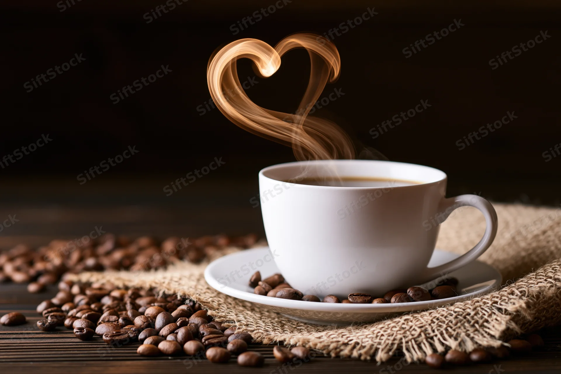 White ceramic coffee cup on saucer with heart-shaped steam rising, surrounded by coffee beans on burlap over dark wooden table