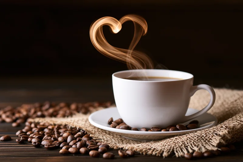 White ceramic coffee cup on saucer with heart-shaped steam rising, surrounded by coffee beans on burlap over dark wooden table