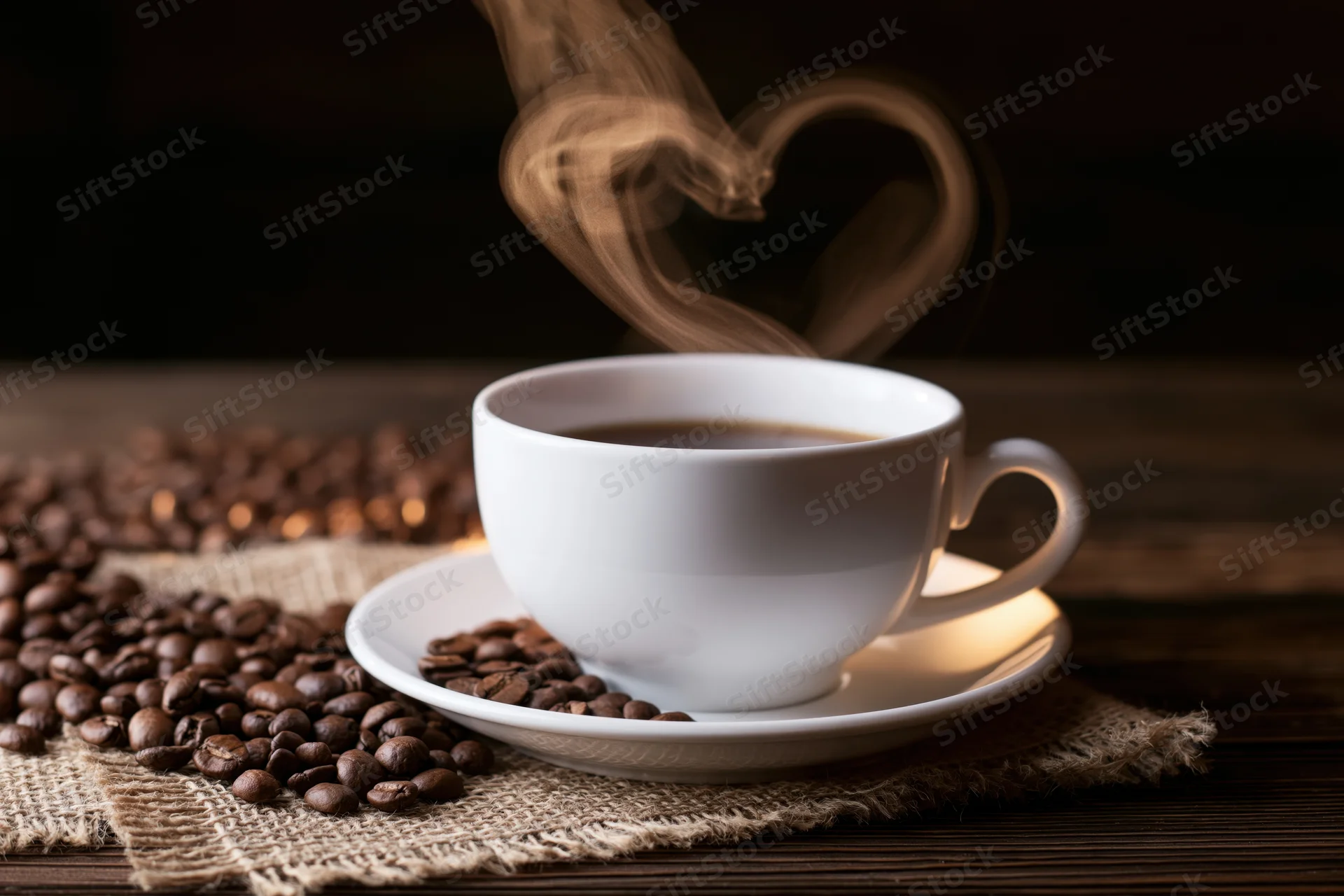 White ceramic coffee cup on saucer with heart-shaped steam rising over coffee beans on burlap on wooden table