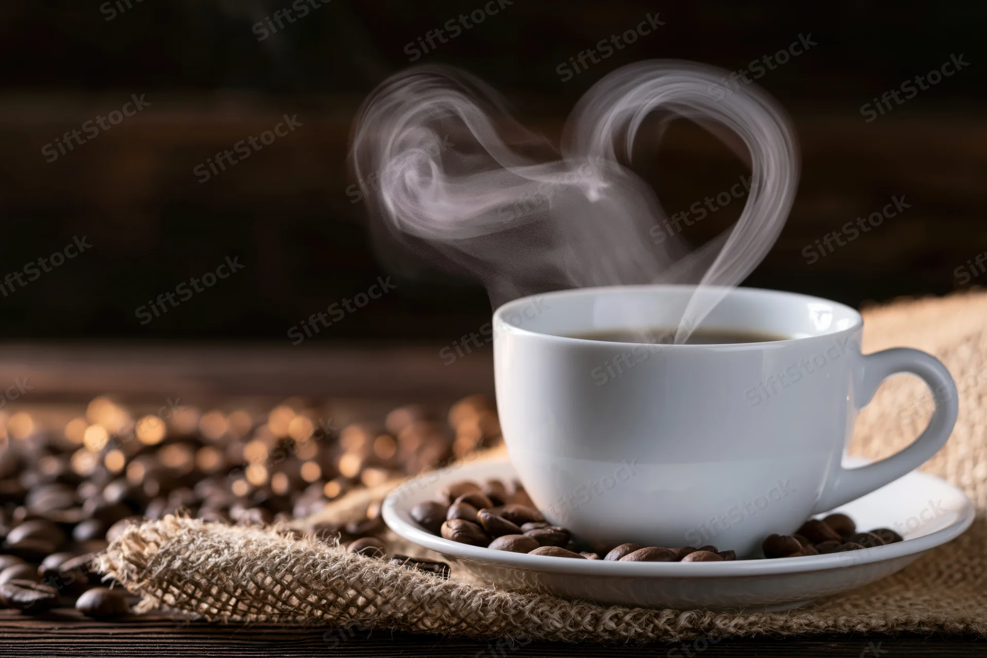 White ceramic coffee cup on saucer with heart-shaped steam rising, surrounded by coffee beans on burlap over wooden table