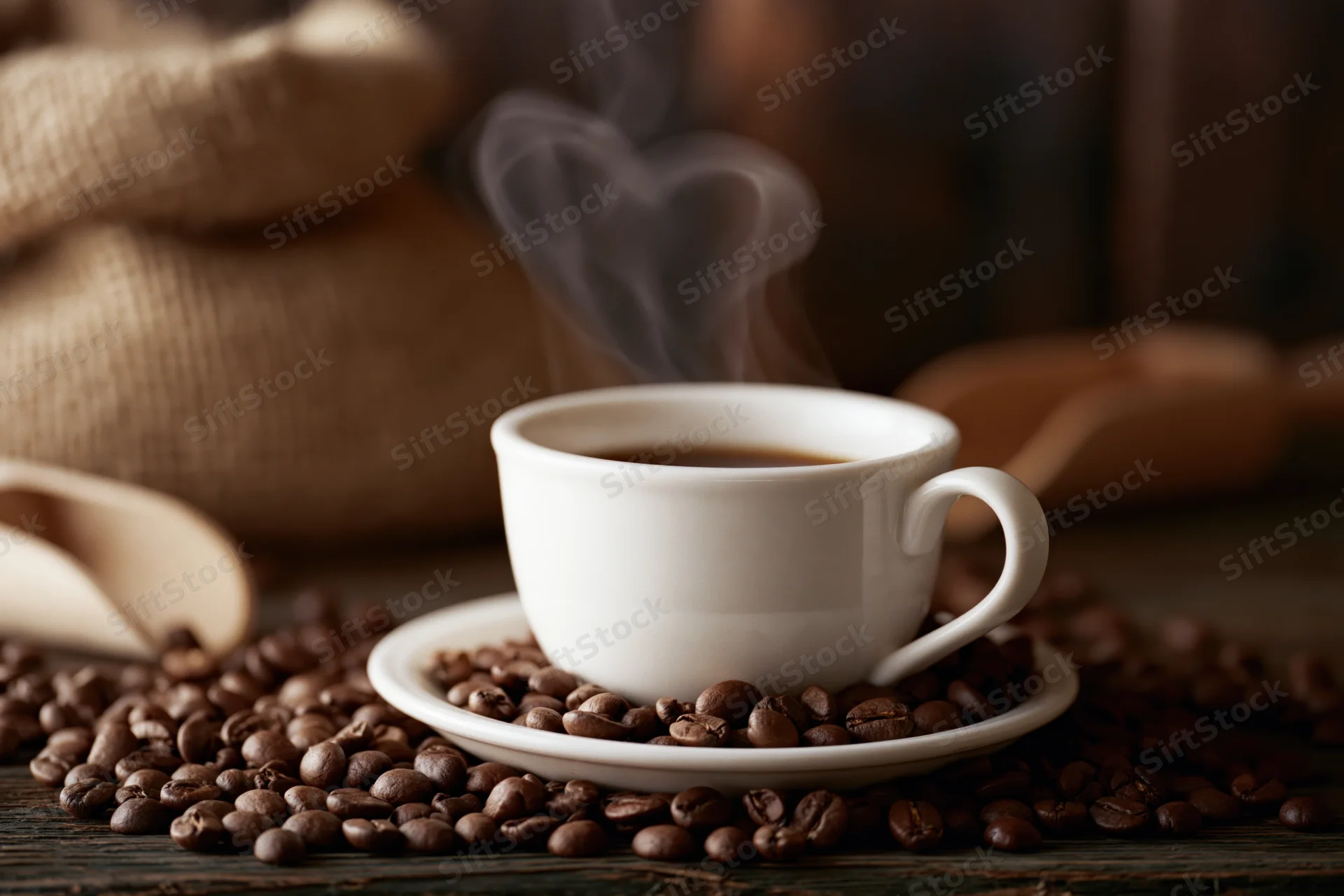 Steaming white ceramic coffee cup on saucer surrounded by roasted beans on wooden table