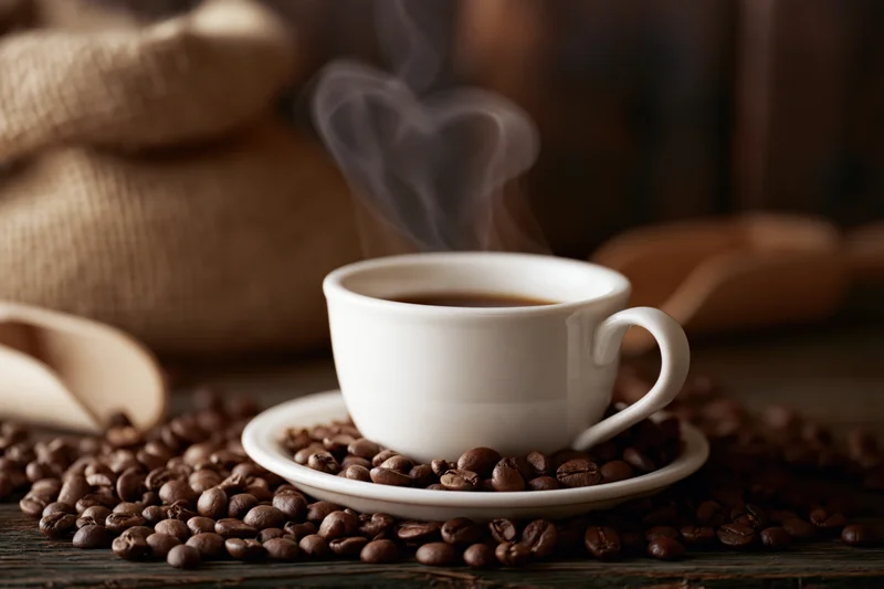 Steaming white ceramic coffee cup on saucer surrounded by roasted beans on wooden table