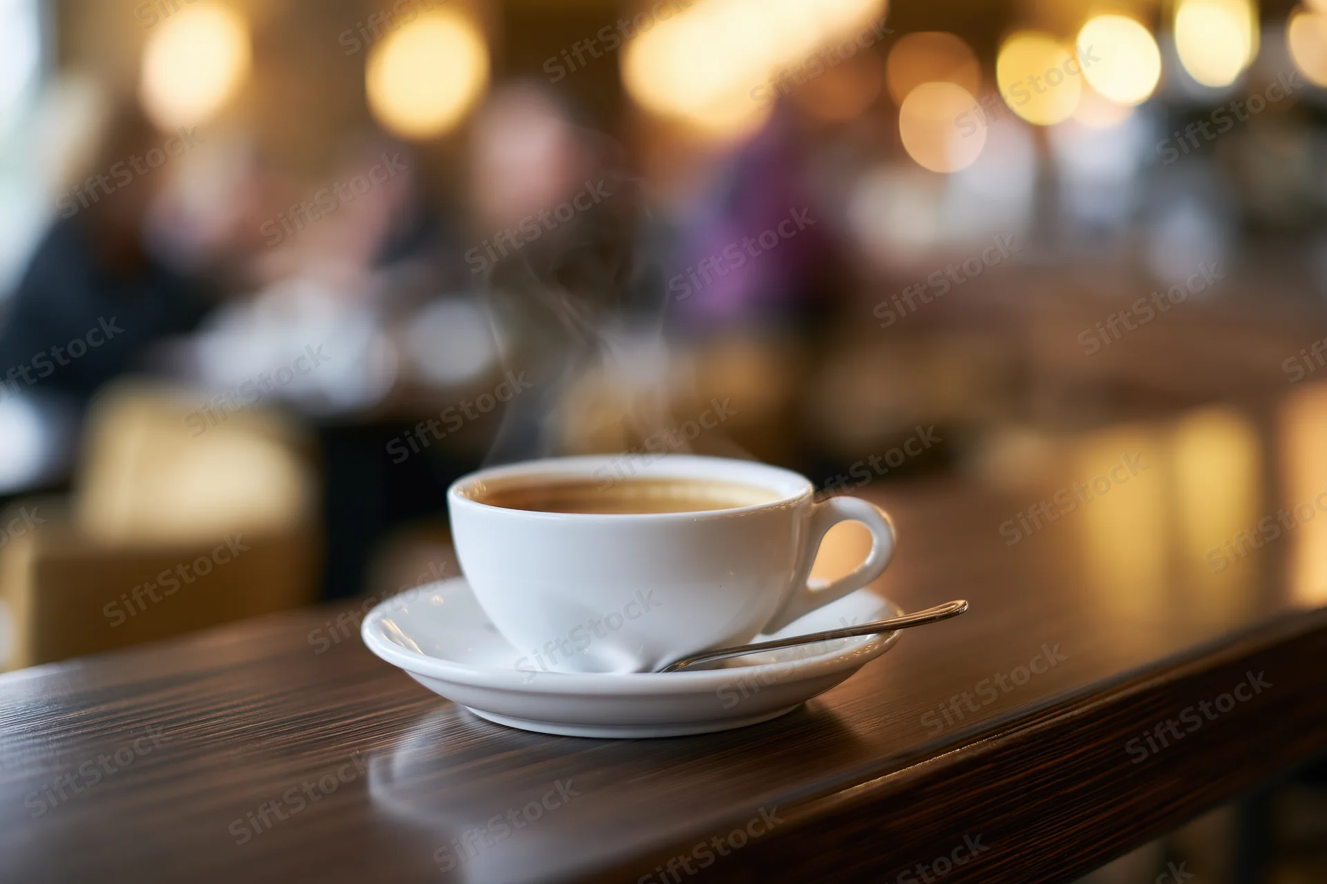 Steaming coffee cup on saucer with spoon on wooden table in cafe interior