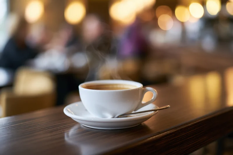 Steaming coffee cup on saucer with spoon on wooden table in cafe interior