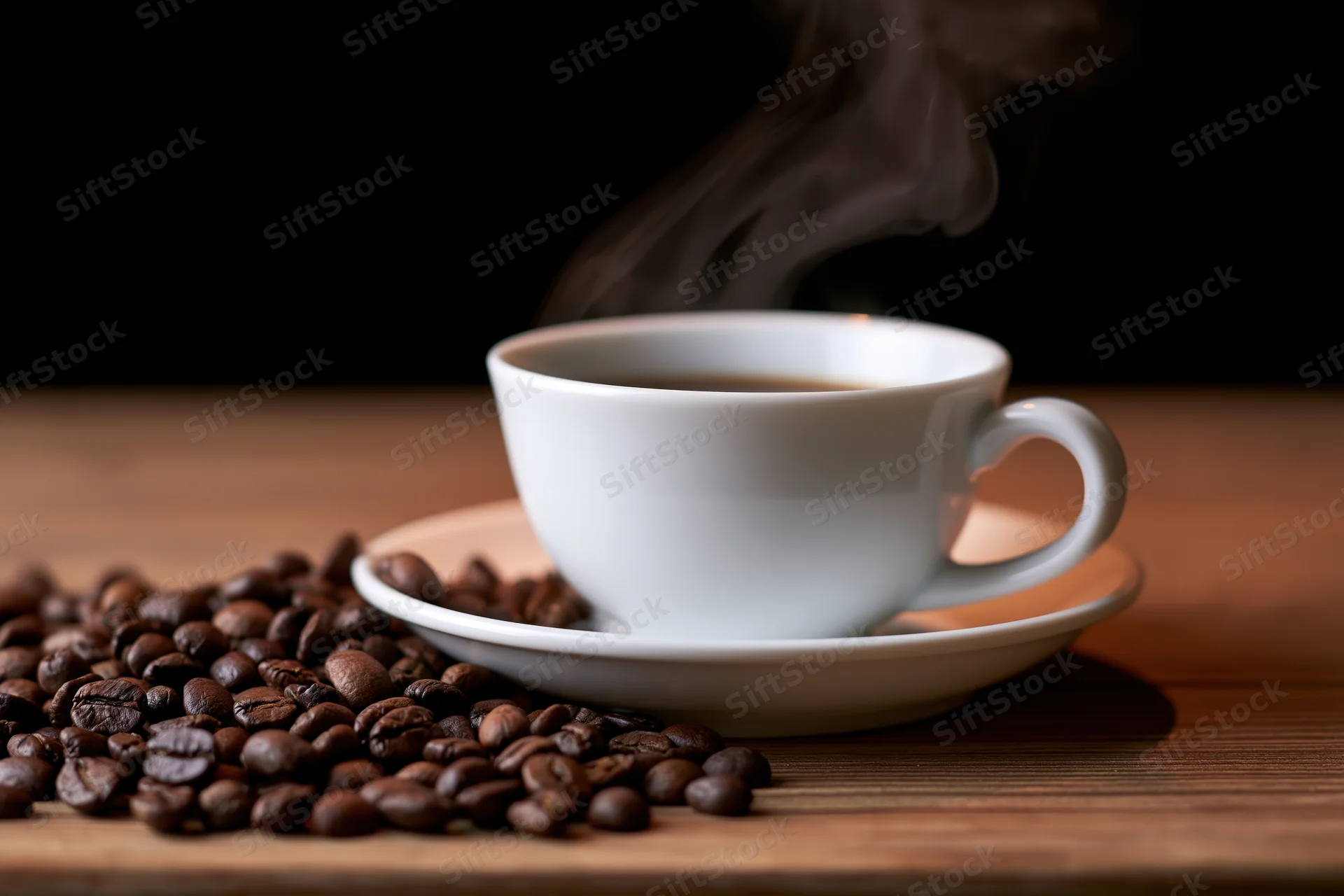Steaming white ceramic coffee cup on saucer with roasted beans scattered on wooden table
