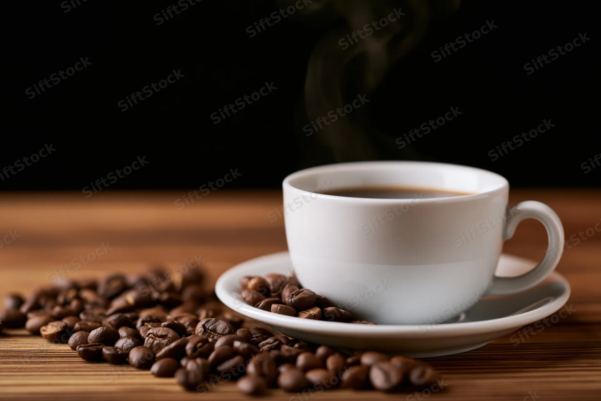 White ceramic coffee cup with steam on saucer surrounded by roasted beans on wooden table