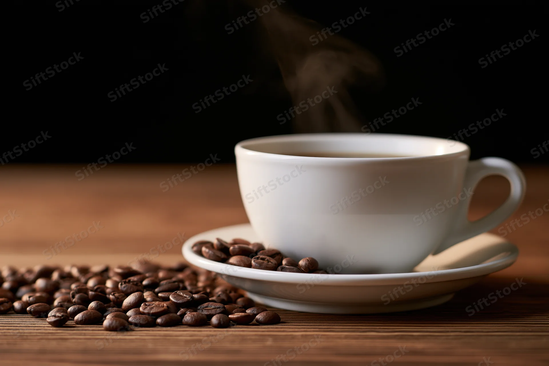 White ceramic coffee cup steaming on saucer with roasted beans scattered on wooden table