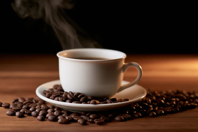Steaming white ceramic coffee cup on saucer surrounded by roasted beans on wooden table