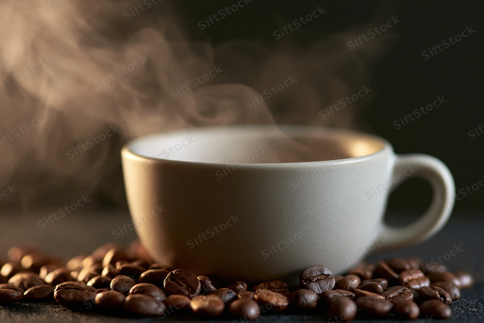 Steaming white ceramic coffee cup surrounded by roasted coffee beans on dark surface