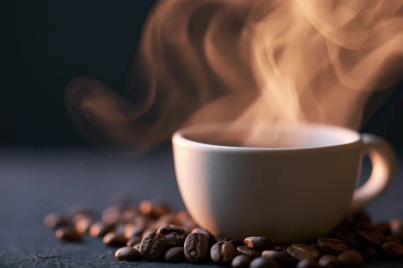 Steaming white ceramic coffee cup surrounded by roasted coffee beans on dark surface