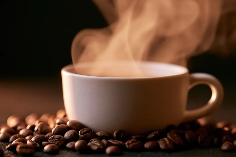 Steaming white ceramic coffee cup surrounded by roasted coffee beans on dark surface