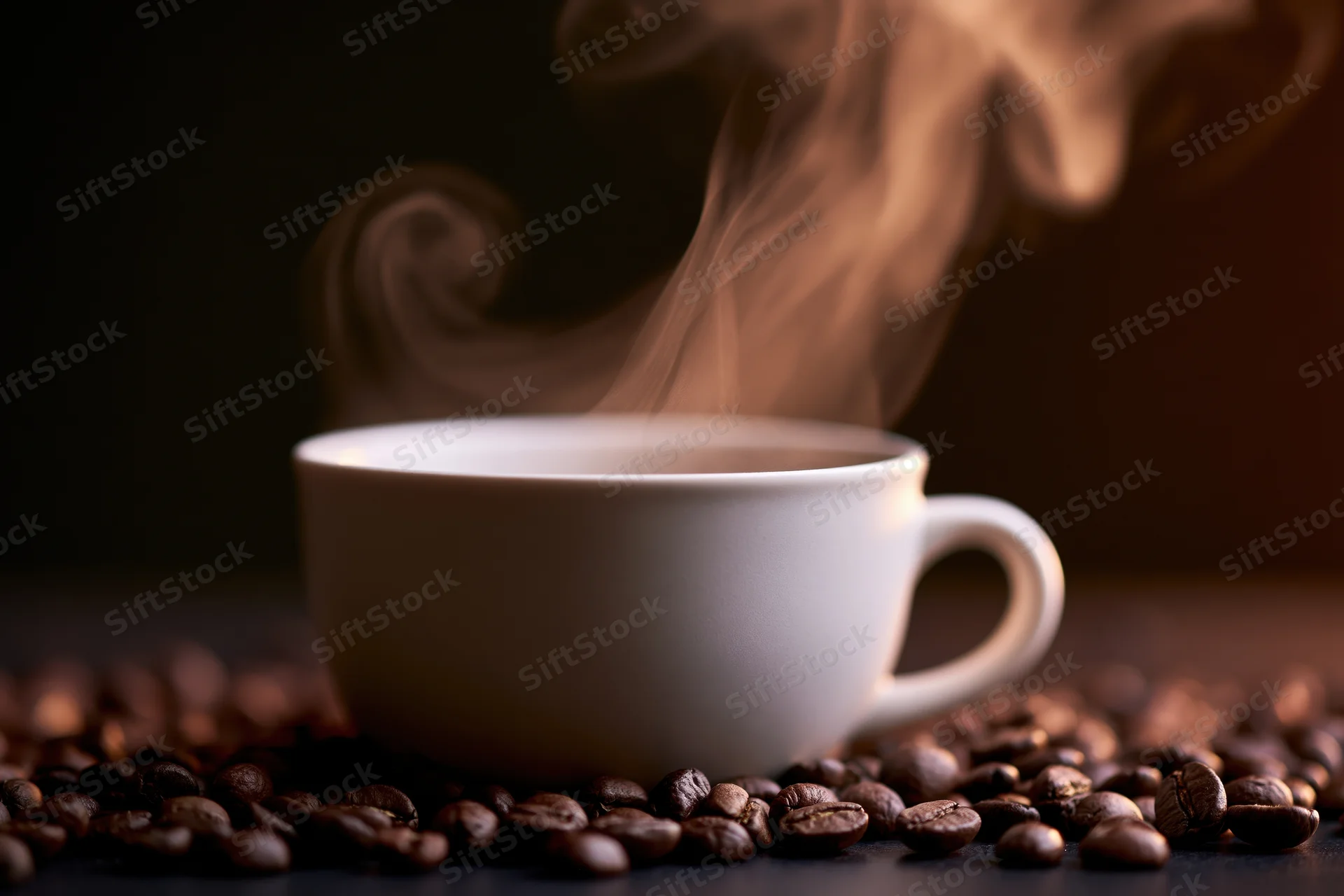 Steaming white ceramic coffee cup surrounded by roasted coffee beans on dark surface