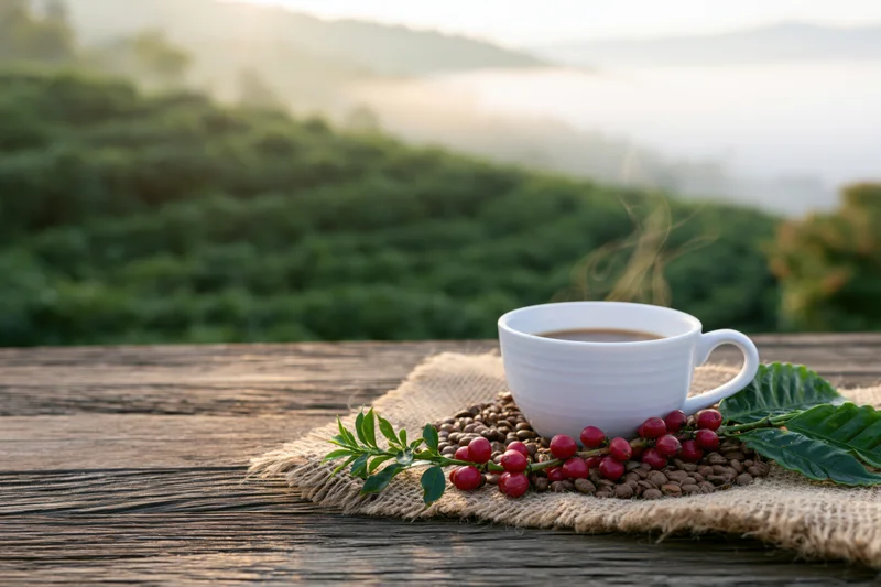 Steaming coffee cup on burlap with beans and cherries on wooden table overlooking coffee farm at sunrise