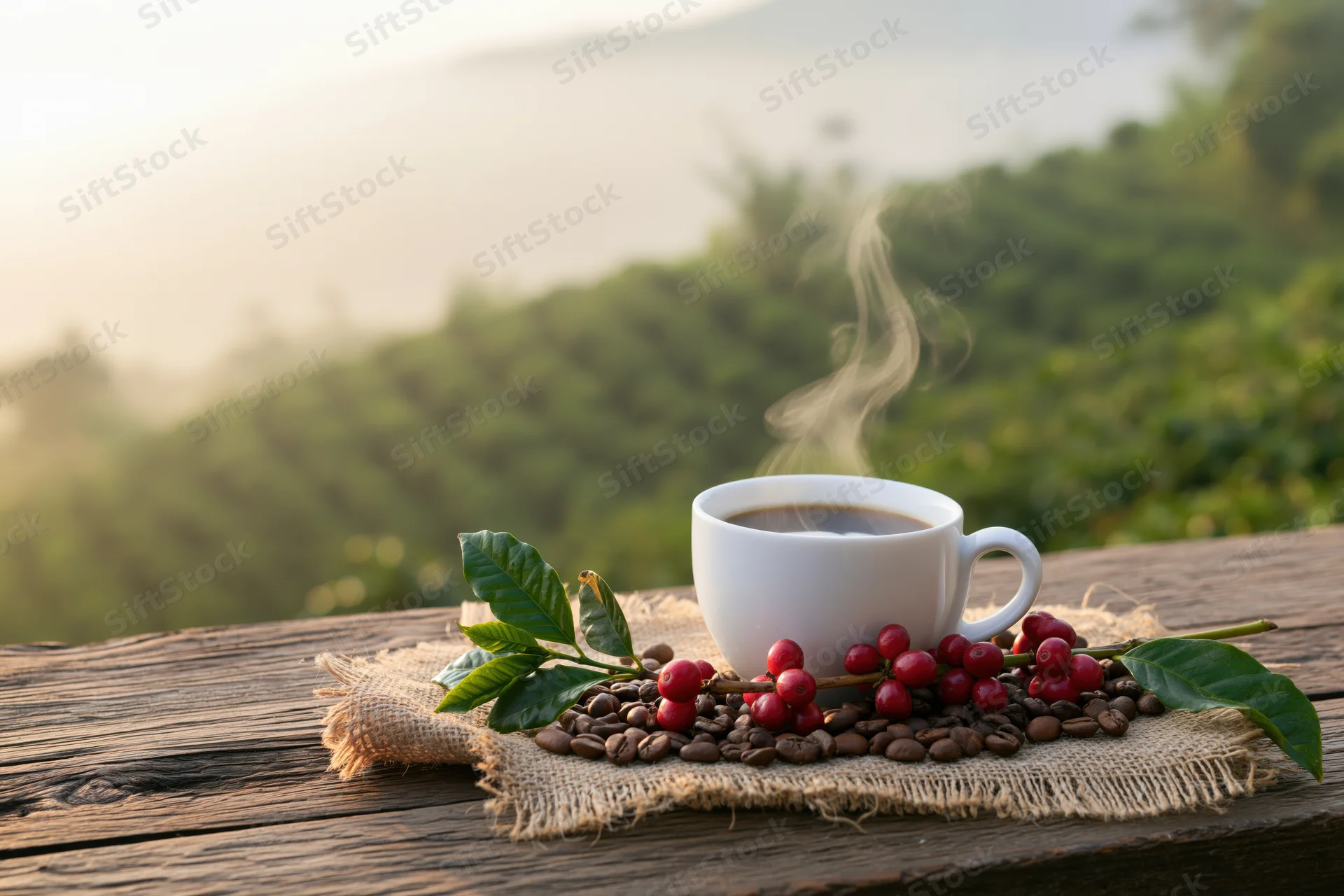 Steaming coffee cup with beans and cherries on burlap on wooden table overlooking green hills at sunrise
