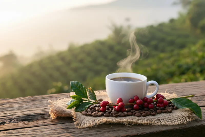Steaming coffee cup with beans and cherries on burlap on wooden table overlooking green hills at sunrise
