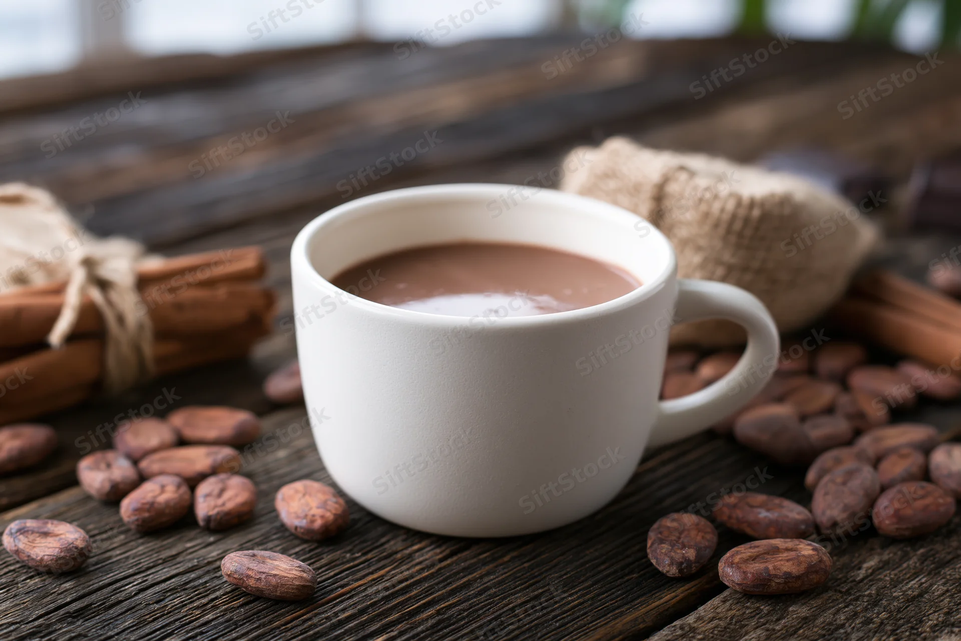 White ceramic cup filled with hot chocolate on rustic wooden table surrounded by cocoa beans and cinnamon sticks