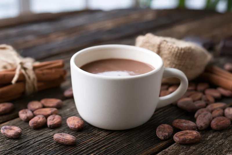 White ceramic cup filled with hot chocolate on rustic wooden table surrounded by cocoa beans and cinnamon sticks