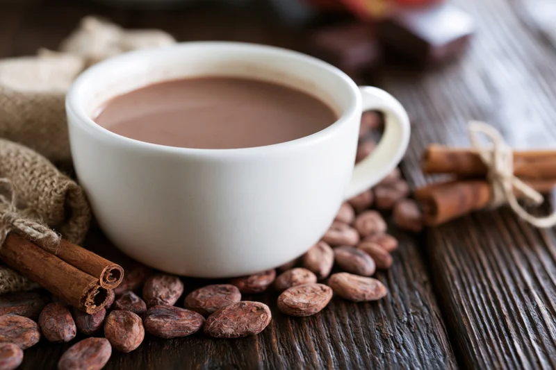 White ceramic cup filled with hot chocolate surrounded by cocoa beans and cinnamon sticks on a dark wooden table