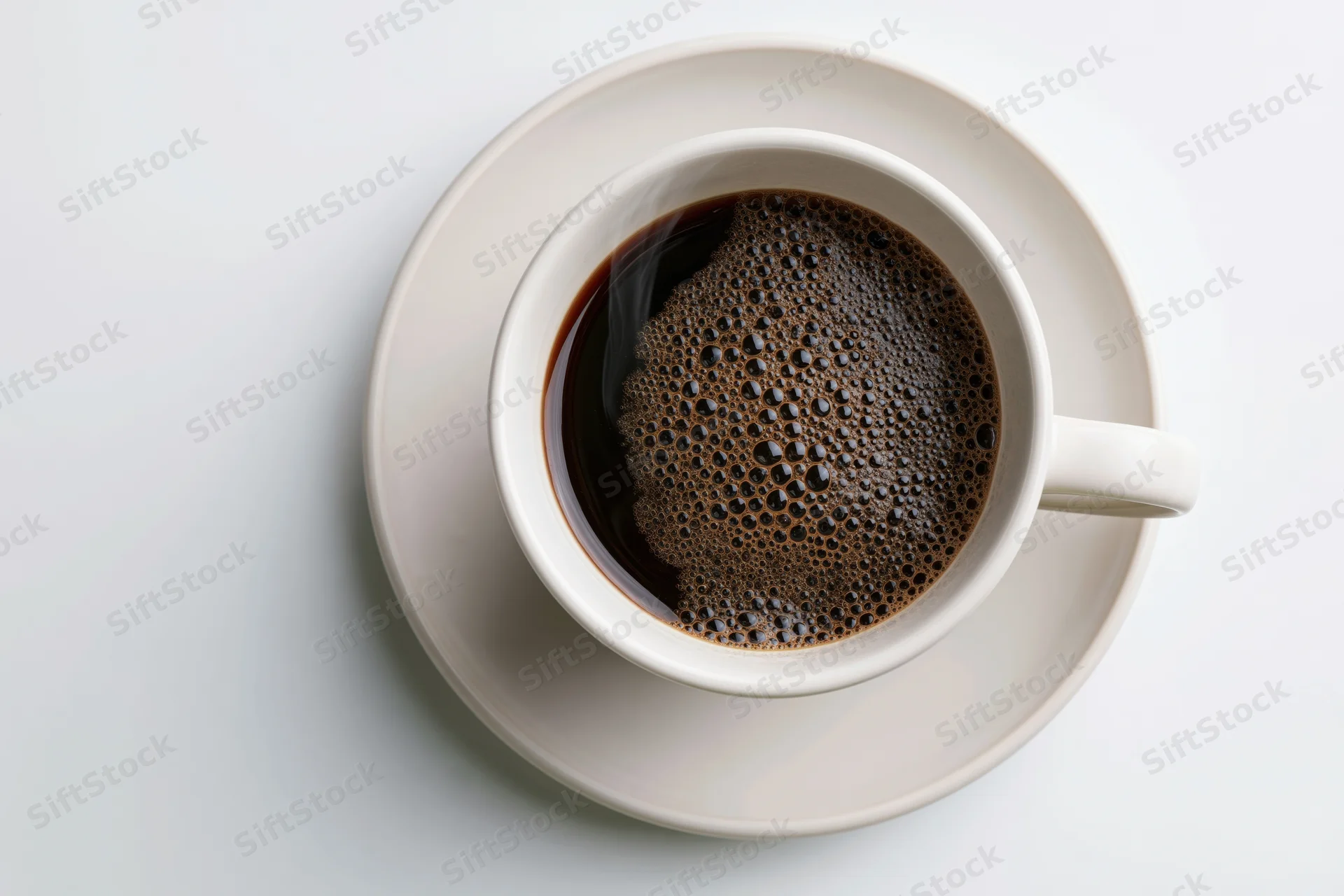 White ceramic cup of black coffee with foam on matching saucer viewed from above on plain surface