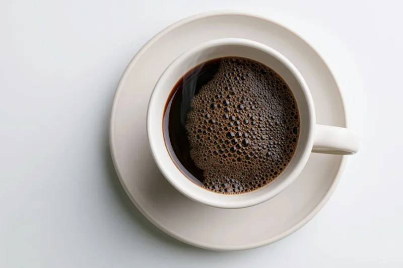 White ceramic cup of black coffee with foam on matching saucer viewed from above on plain surface