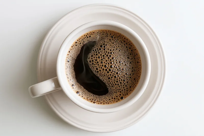 White ceramic cup of black coffee with foam on matching saucer, top-down view on plain surface