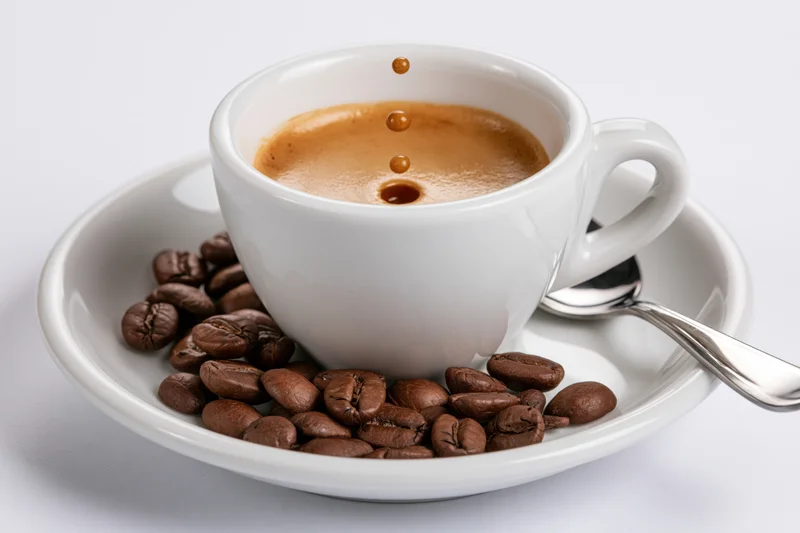 White ceramic espresso cup with coffee beans on saucer and falling droplets