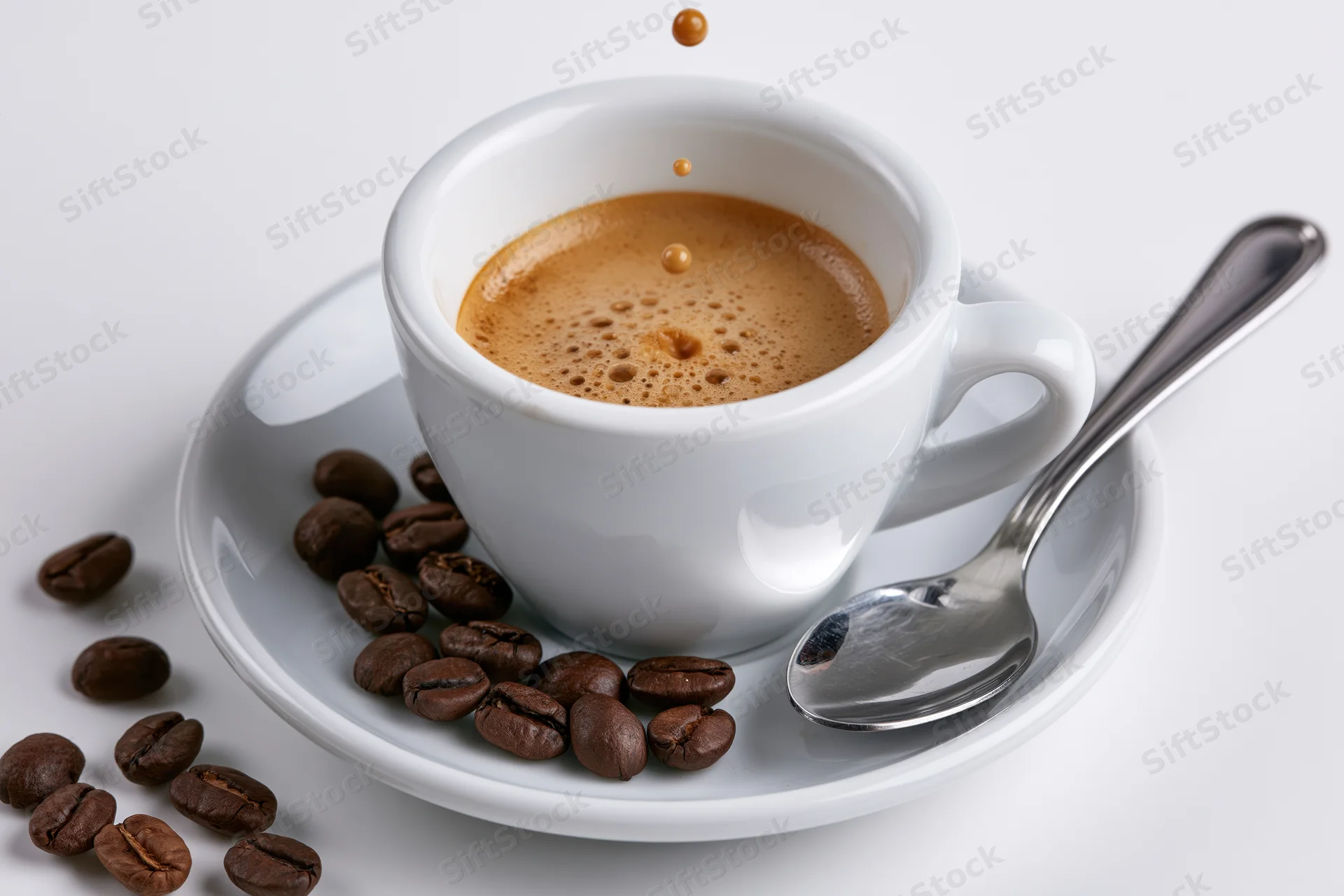 White ceramic espresso cup with foam and falling droplets on matching saucer, surrounded by coffee beans and a spoon, isolated on white background