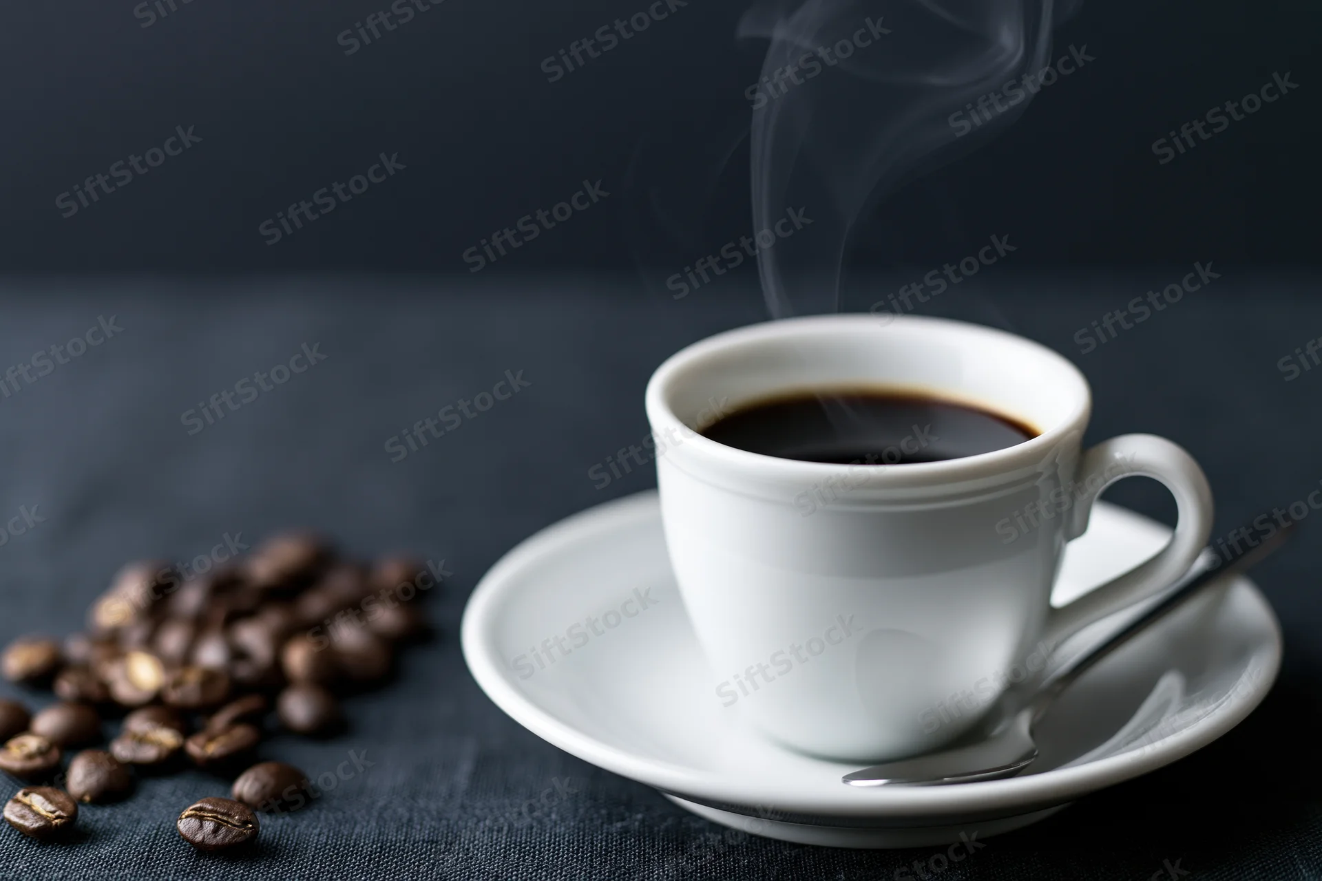 Steaming espresso in a white ceramic cup on a saucer with coffee beans beside it on a dark surface