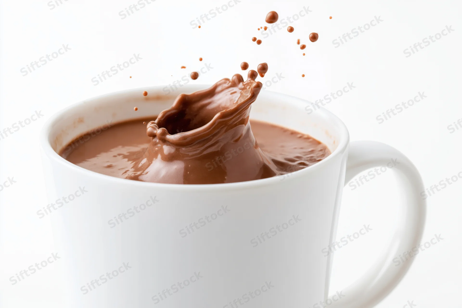 Chocolate liquid splashing in a white ceramic mug against a plain white background